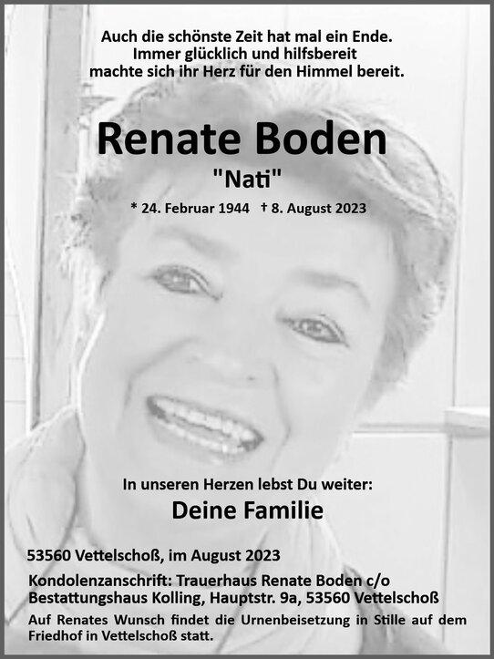 Traueranzeige f&uuml;r Renate Boden: Geburtsdatum 24. Februar 1944, Sterbedatum 8. August 2023, mit Bild und Kondolenzadresse.